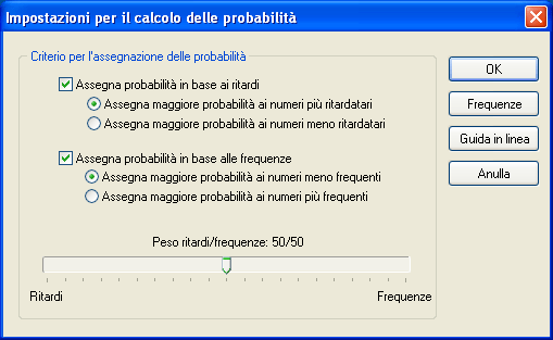 Schermata delle impostazione per il calcolo delle probabilità