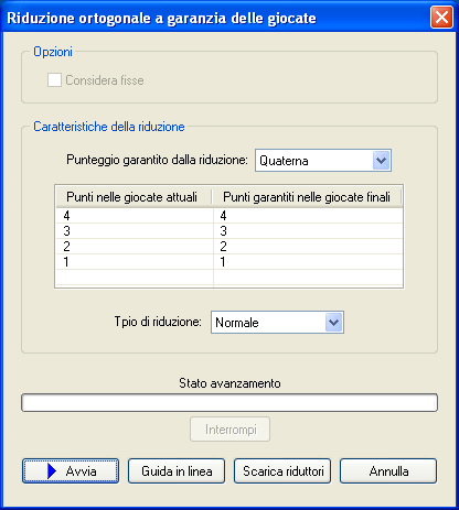 Schermata della riduzione ortogonale delle giocate