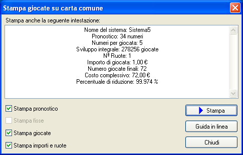 Schermata per la stampa delle giocate su carta comune